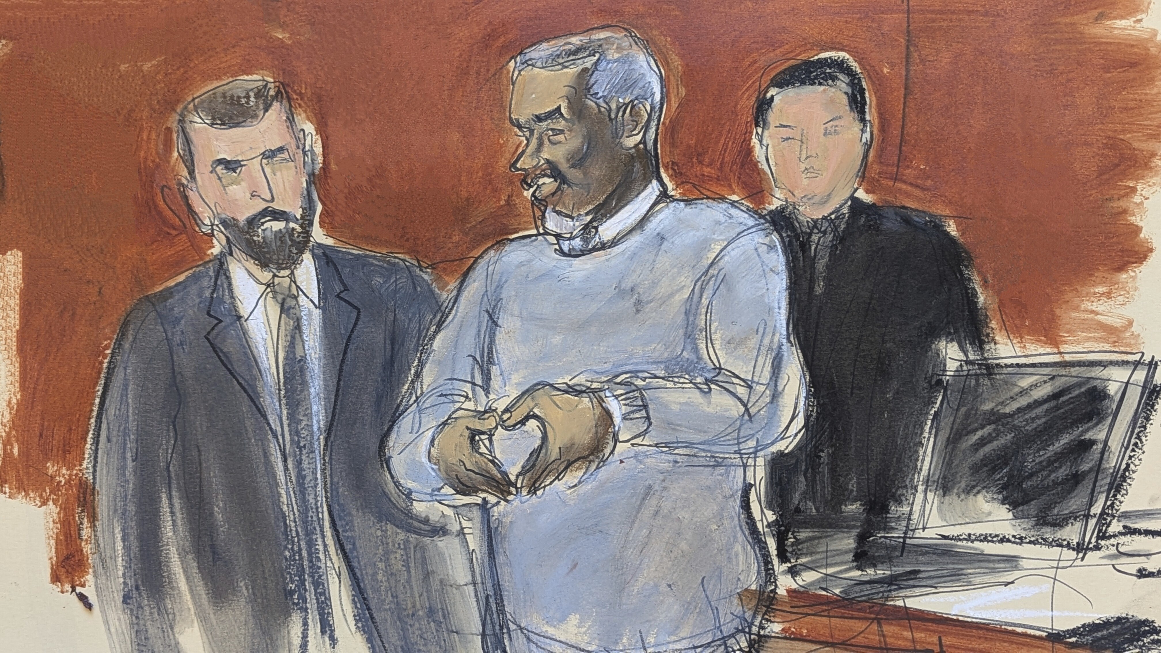 Illustration of Sean Diddy Combs making a heart shape with his hands during his trial.