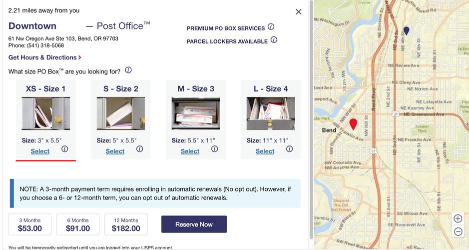 PO Box costs by location and size.