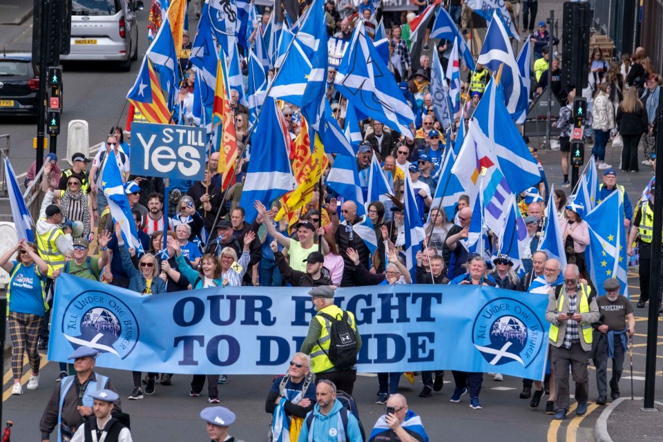 A large group of people marching, carrying Scottish flags and banners that read "Our Right to Decide" and "Still Yes".