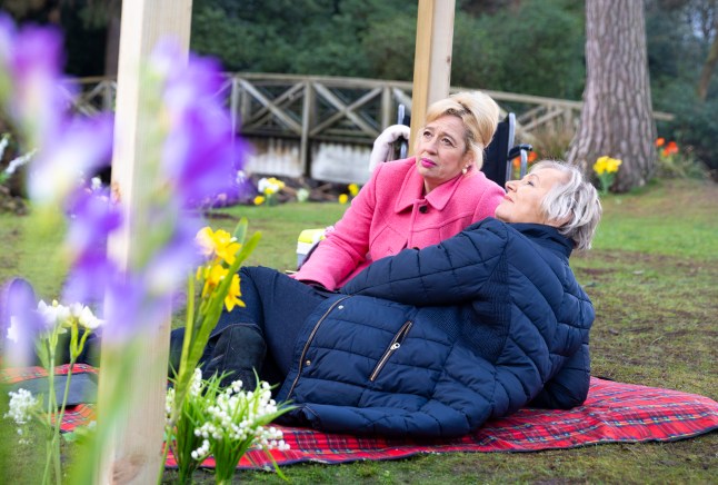 Julie Carp and Eileen Grimshaw enjoying an afternoon at the lake in Coronation Street.