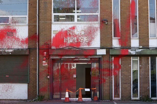 Red paint has been daubed on Rico House, in Prestwich