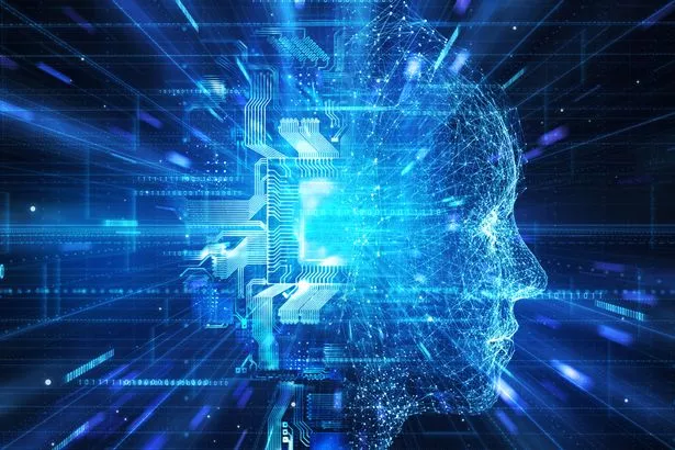 Abstract image of AI robot with semiconductor in technology tunnel.