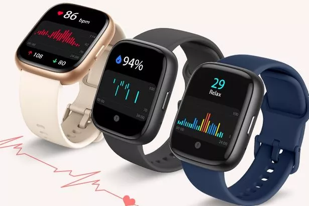 Beige, blue and black Amazon Smartwatches side by side.