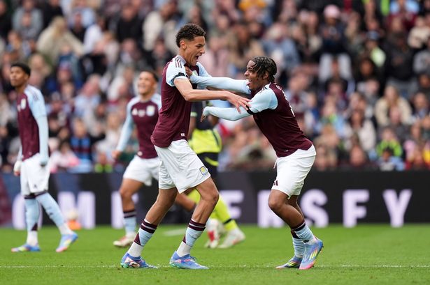 Aston Villa's TJ Carroll (left) and Triston Rowe celebrate victory