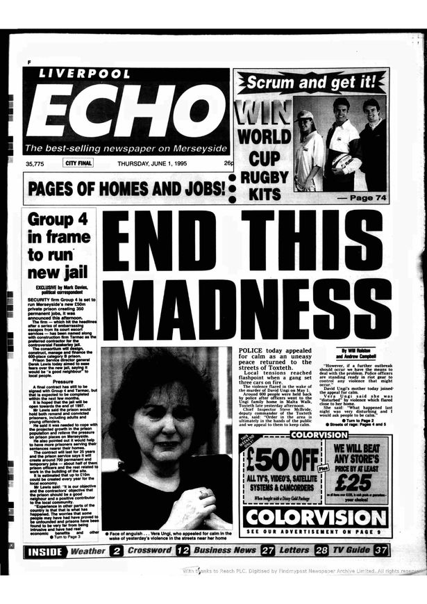 How the ECHO reported the disturbances in Toxteth on May 31 1995, four weeks after the murder of David Ungi