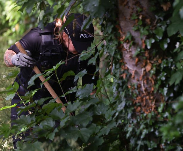 Police Operational Support officers conducting a search of Arnos Park near Brislington, Friday 23  May 2025, where they are looking for knives in undergrowth. 