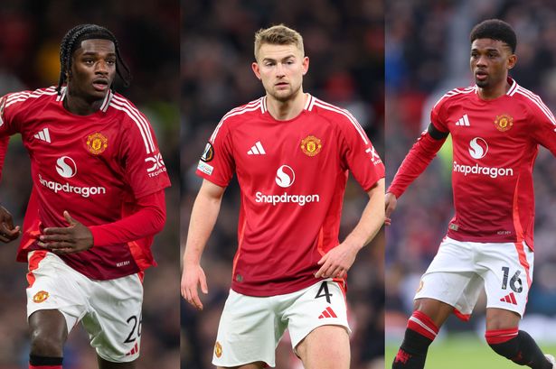 A three-image collage showing vertical images of Ayden Heaven, Matthijs de Ligt and Amad, each of whom are donning Manchester United's home strip.