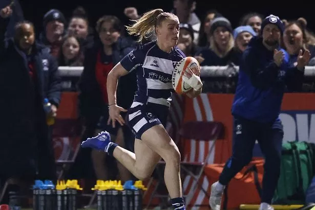 Millie David of Bristol Bears Women runs with the ball as Bristol Bears Women play Harlequins Women in a Premiership Women's Rugby fixture on November 1, 2024 at the Dings Crusaders RFC, England. (Photo by Will Cooper/Bristol Flyers)