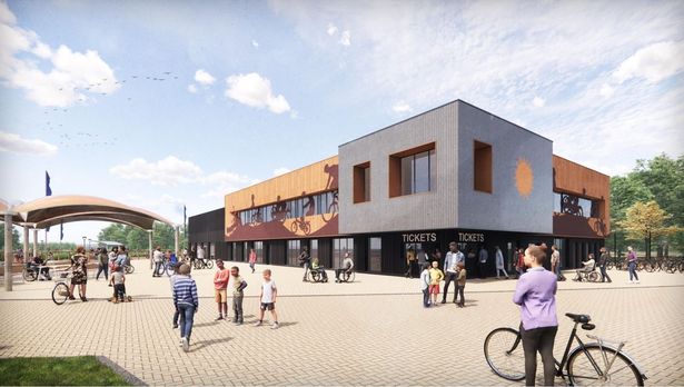 CGI of modular building with people in front