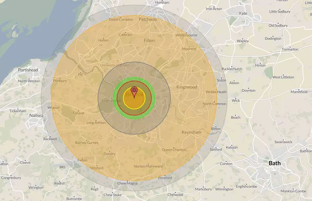 A map showing the impact of a Topol SS-25 nuclear bomb hitting Bristol