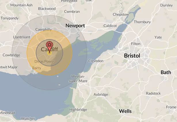 A map showing the impact of a Topol SS-25 nuclear bomb hitting Cardiff
