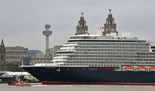 Cunard Queen Anne arrives in Liverpool on the River Mersey waterfront in 2024