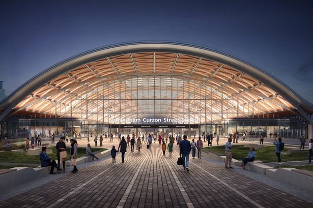 A visualisation of Birmingham's HS2 Curzon Street Station at night