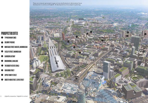 An annotated version of the aerial CGI image of Birmingham 2045, showing the key development sites being 'sold' to developers and investors. CGI by Howells.