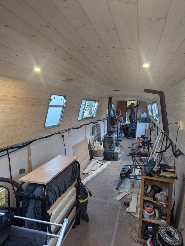 A photo showing the inside of the narrowboat as renovations are underway