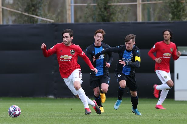 Aidan Barlow of Manchester United U23s in action during a friendly match between Club Brugge Youth Team and Manchester United U23s at FC Heist Stadium on February 20, 2020 in Brugge