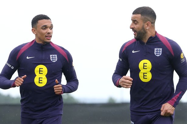 BLANKENHAIN, GERMANY - JUNE 14: Trent Alexander-Arnold and Kyle Walker of England talk during a training session at Spa & Golf Resort Weimarer Land on June 13, 2024 in Blankenhain, Germany. (Photo by Eddie Keogh - The FA/The FA via Getty Images)