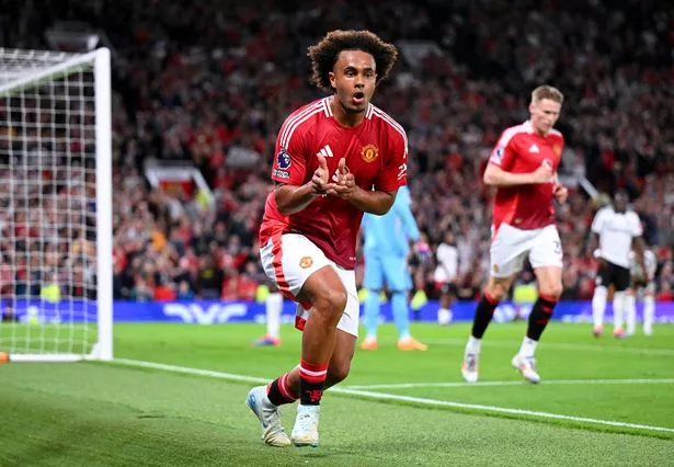 Joshua Zirkzee celebrates after scoring for Manchester United against Fulham on the opening night of the season.