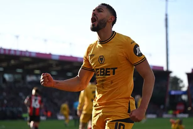 Matheus Cunha celebrates after scoring for Wolves away at Bournemouth.