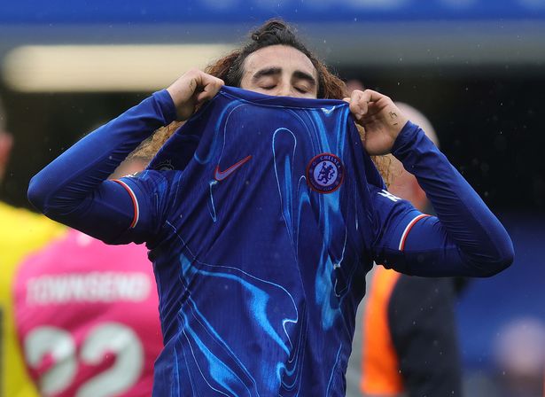 LONDON, ENGLAND - APRIL 13: Marc Cucurella of Chelsea looks disappointed & dejected with his shirt over his head at the full time whistle during the Premier League match between Chelsea FC and Ipswich Town FC at Stamford Bridge on April 13, 2025 in London, England. (Photo by Crystal Pix/MB Media/Getty Images)