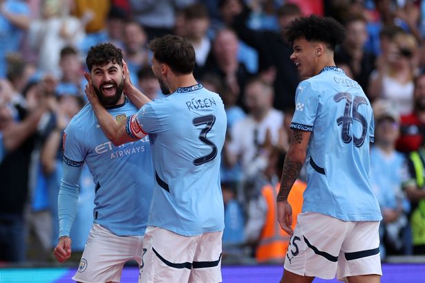 Manchester City's Croatian defender #24 Josko Gvardiol (L) celebrates scoring the team's second goal with Manchester City's Portuguese defender #03 Ruben Dias and Manchester City's English midfielder #75 Nico O'Reilly during the English FA Cup semi-final football match between Nottingham Forest and Manchester City at Wembley Stadium in north London on April 27, 2025. (Photo by Adrian Dennis / AFP) / NOT FOR MARKETING OR ADVERTISING USE / RESTRICTED TO EDITORIAL USE (Photo by ADRIAN DENNIS/AFP via Getty Images)    