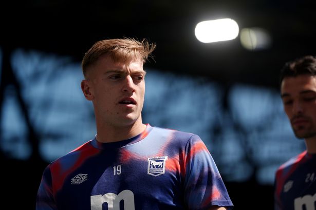 Ipswich Town's Liam Delap warms up before the Premier League match at Portman Road.