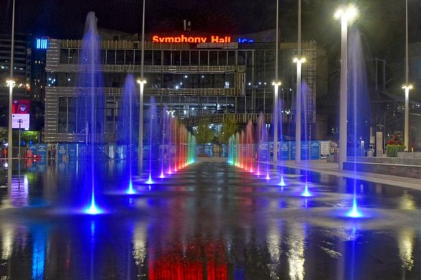 Birmingham Centenary Square fountains at night