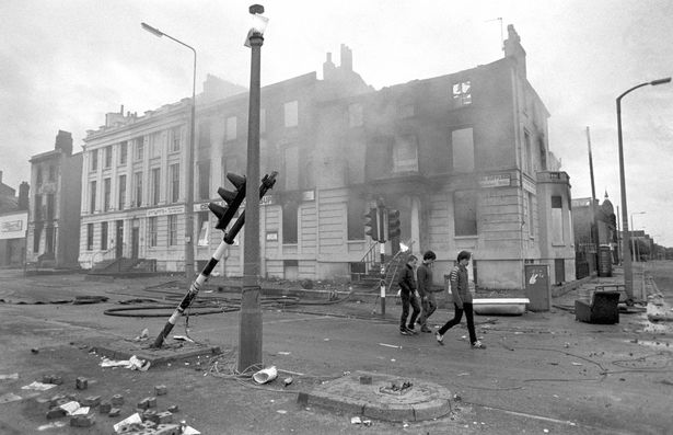 File photo dated 6/7/1981 of  the aftermath of a second night of violent rioting in the Toxteth district of Liverpool. 