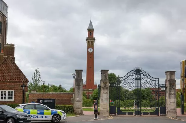 A photo of a police car at an entrance to the University of Birmingham during pro-Palestine protests and an encampment in May last year  