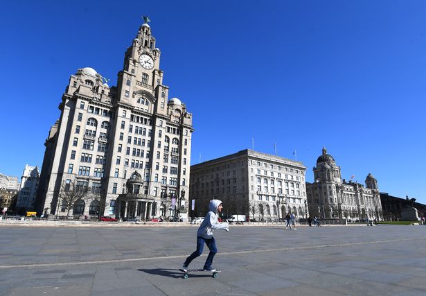 Blue sky and sunshine on the waterfront, Liverpool