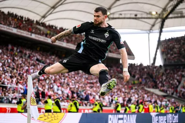Oliver Burke celebrates a goal for Werder Bremen against Stuttgart