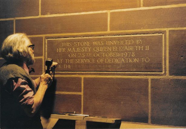 Master stone carver Tom Murphy carving a plaque for the late Queen Elizabeth II in Liverpool Cathedral