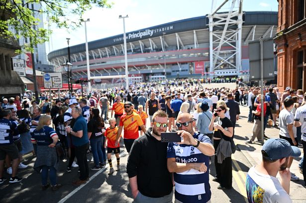 Supporters gather outside the stadium prior to the Gallagher Premiership Rugby match between Bristol Bears and Bath Rugby at Principality Stadium