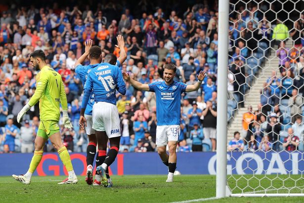 Cyriel Dessers of Rangers celebrates his goal with Nicolas Raskin 