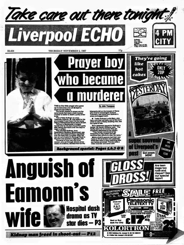 The Liverpool ECHO's frontpage On November 5, 1987. It follows the conviction of Peter Sullivan for the murder of Diane Sindall

Peter Sullivan, now 68, was convicted of murdering and sexually assaulting barmaid and florist Diane Sindall in an alleyway in Birkenhead on August 1, 1986 and has since languished in a category A prison. But appearing before the Court of Appeal on Tuesday, March 13, Mr Sullivan had his conviction overturned after new scientific evidence found the presence of a different DNA profile on semen recovered from Ms Sindall's body.