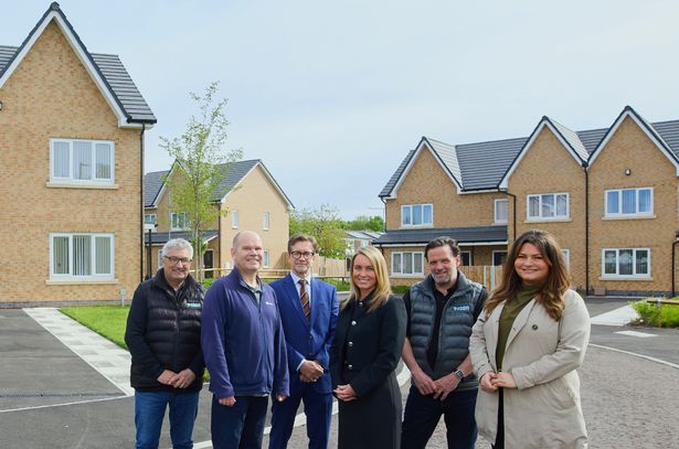 Left to right: Scott Eastwood at Tyson Construction (TC), Darren Evans of Livv Housing Group (LH), Steve Hartley of TC, Yvonne Westhead-Fyles of LH, Philip Helm of TC, Beth Downey of Homes England