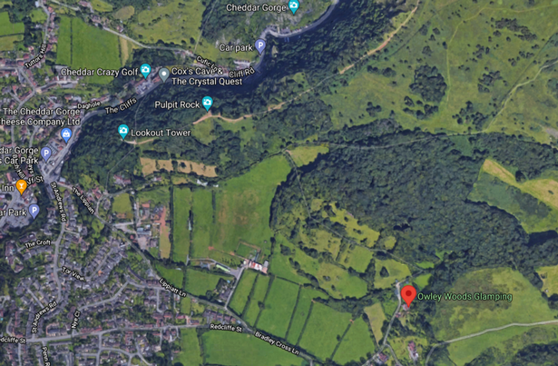 Location of Owley Woods glamping site near Cheddar