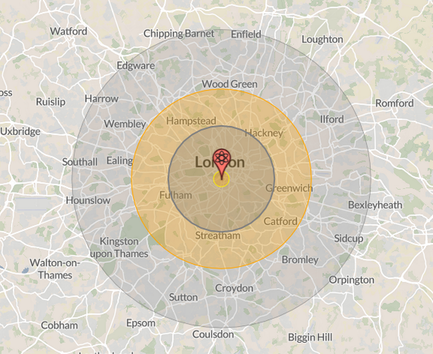 A map showing the impact of a Topol SS-25 nuclear bomb hitting London
