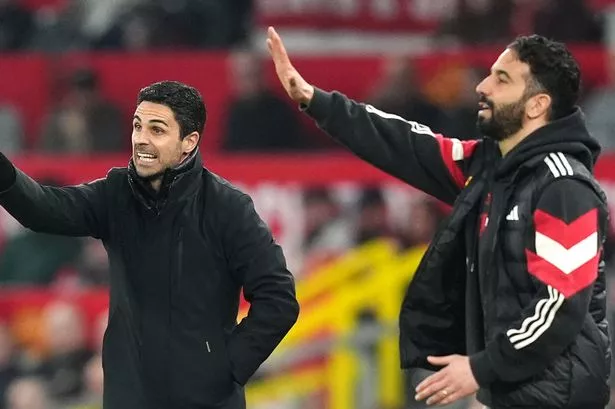 Arsenal manager Mikel Arteta (left) and Manchester United manager Ruben Amorim during the Premier League match at Old Trafford, Manchester. Picture date: Sunday March 9, 2025. PA Photo. See PA story SOCCER Man Utd. Photo credit should read: Martin Rickett/PA Wire.
