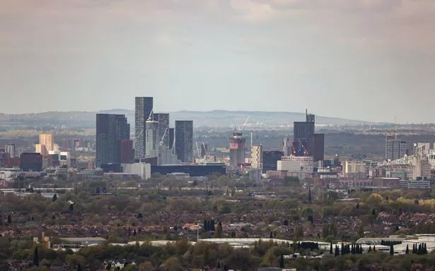 Manchester City skyline viewed from Werneth Low Country Park.