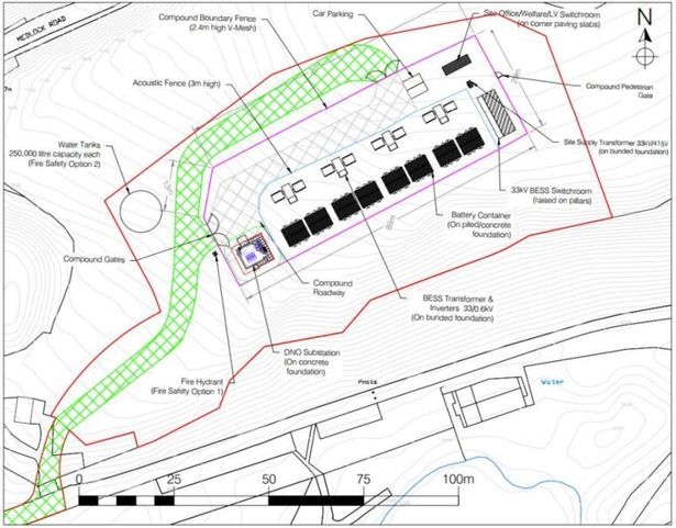 Map of the storage facility with acoustic fencing. 