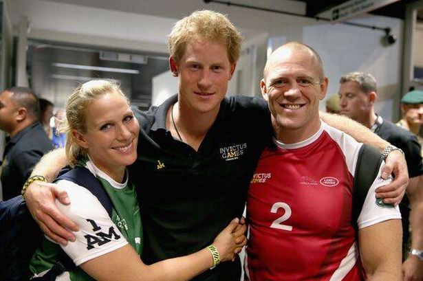 Prince Harry with his cousin, Zara Tindall, and her husband, ex-England rugby international Mike
