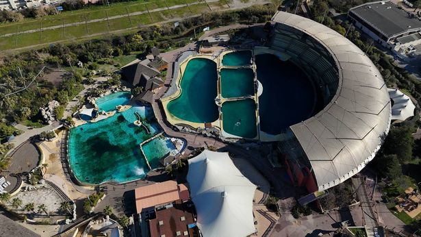 ANTIBES, FRANCE - FEBRUARY 15: An aerial view of the now-closed Hotel Marineland in Antibes, France on February 15, 2025. The park, which closed permanently on January 5, was the subject of protests by activists against the transfer of orcas Wikie and Keijo. (Photo by Mohamad Salaheldin Abdelg Alsayed/Anadolu via Getty Images)