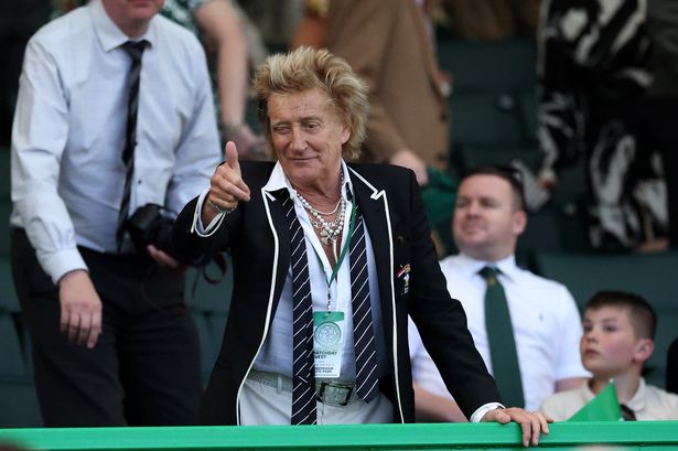 Rod Stewart makes a thumbs up gesture from the stands during the William Hill Premiership match between Celtic FC and St Mirren FC at Celtic Park.
