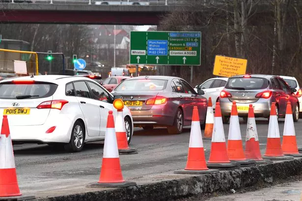 Roadworks around Tarbock Island pictured in February 2025