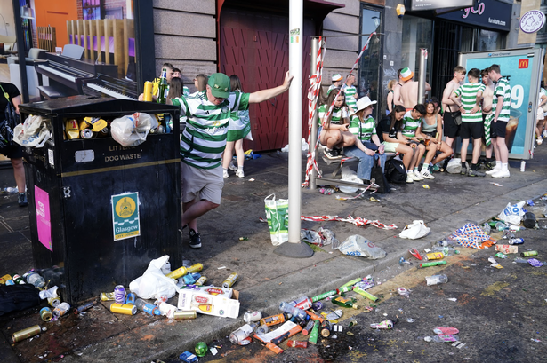 The Trongate area was left strewn with litter after Celtic fans held a title party