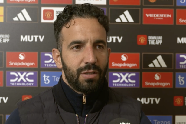 Manchester United boss Ruben Amorim conducts a post-match TV interview.