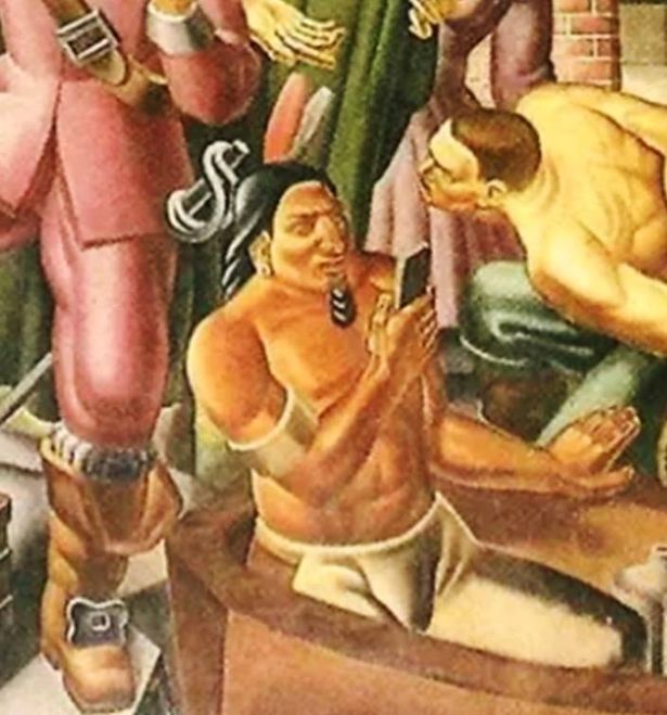 Painting of ancient man who seems to be looking at an iPhone in Umberto Romano's Mr Pynchon And The Settling Of Springfield
