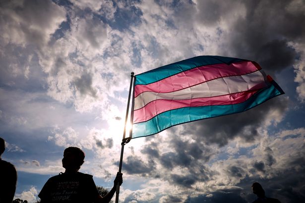 A transgender rights activist holds a flag