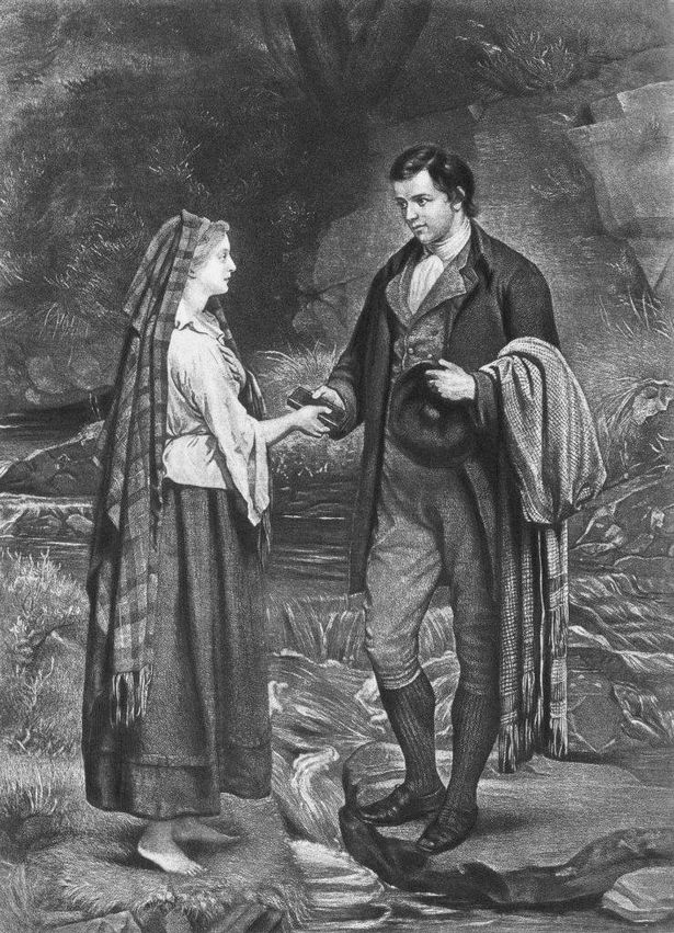 Engraving depicting Mary Campbell (also known as Highland Mary 1763-1786) and Scottish poet Robert Burns (1759-1796) exchange Bibles over the Water of Fail in South Ayrshire, Scotland, 14th May 1786. Engraved by Richard Josey from a painting - 'The Betrothal of Robert Burns and Highland Mary' (1882) - by James Archer